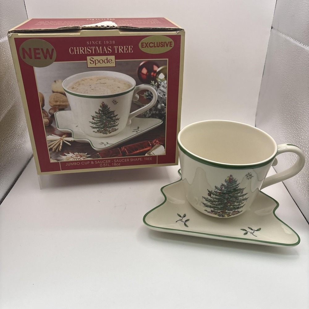 Spode~Christmas Tree~Jumbo Cup & Saucer~Saucer Tree Shape~18oz~IOB